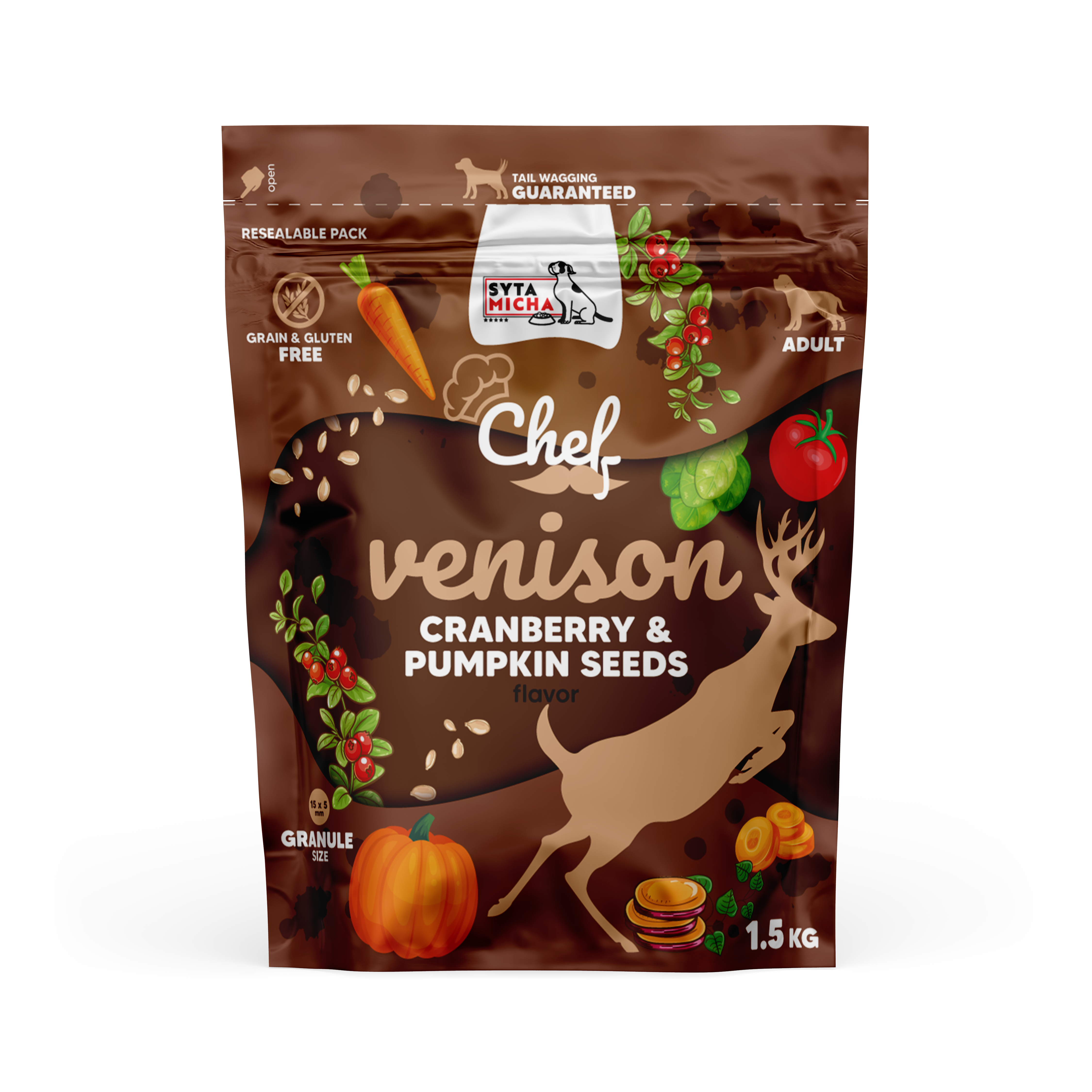 Croquettes pour chiens Viande de cerf, canneberges et graines de citrouille 1,5 kg