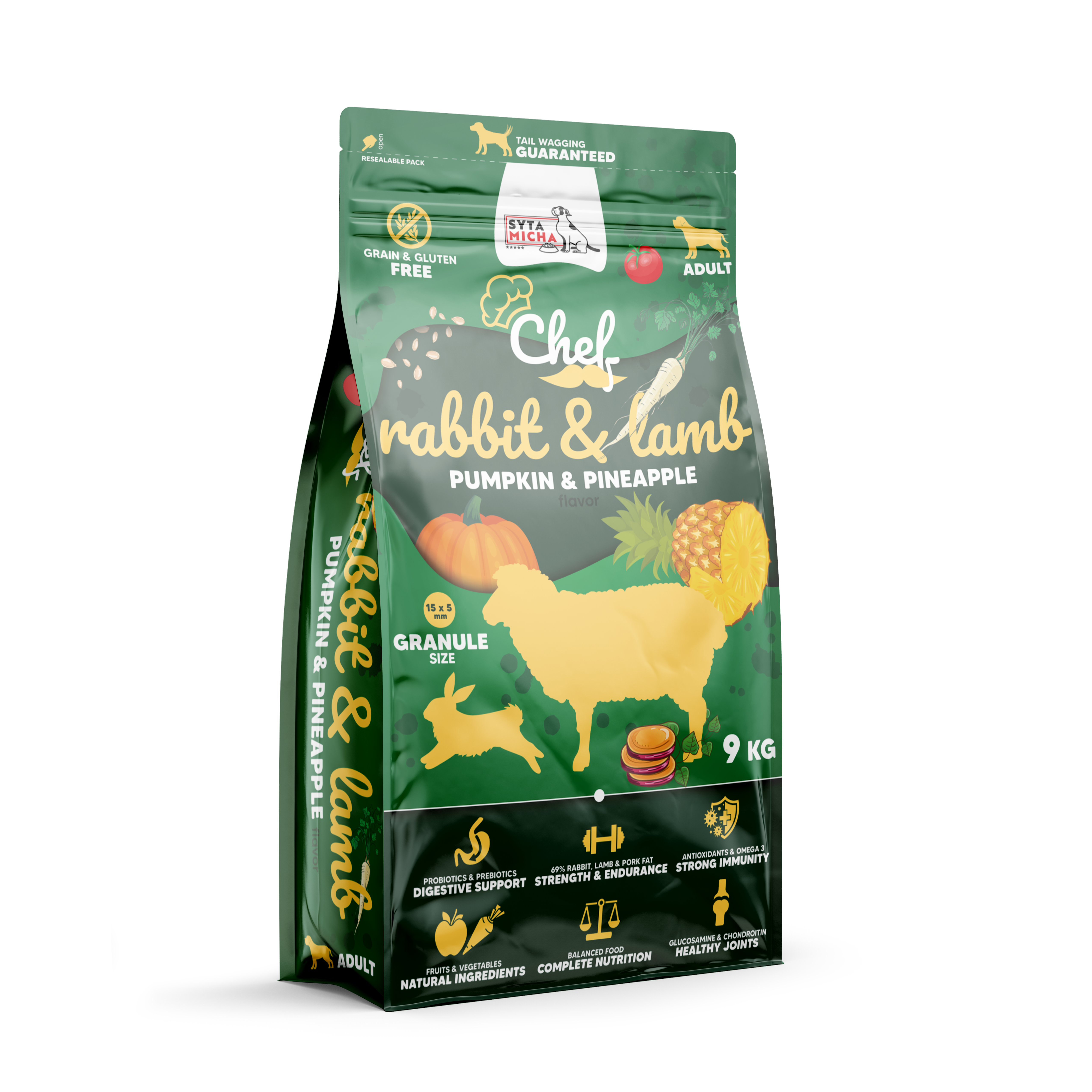 Croquettes pour chiens Lapin et agneau, citrouille et ananas 9kg