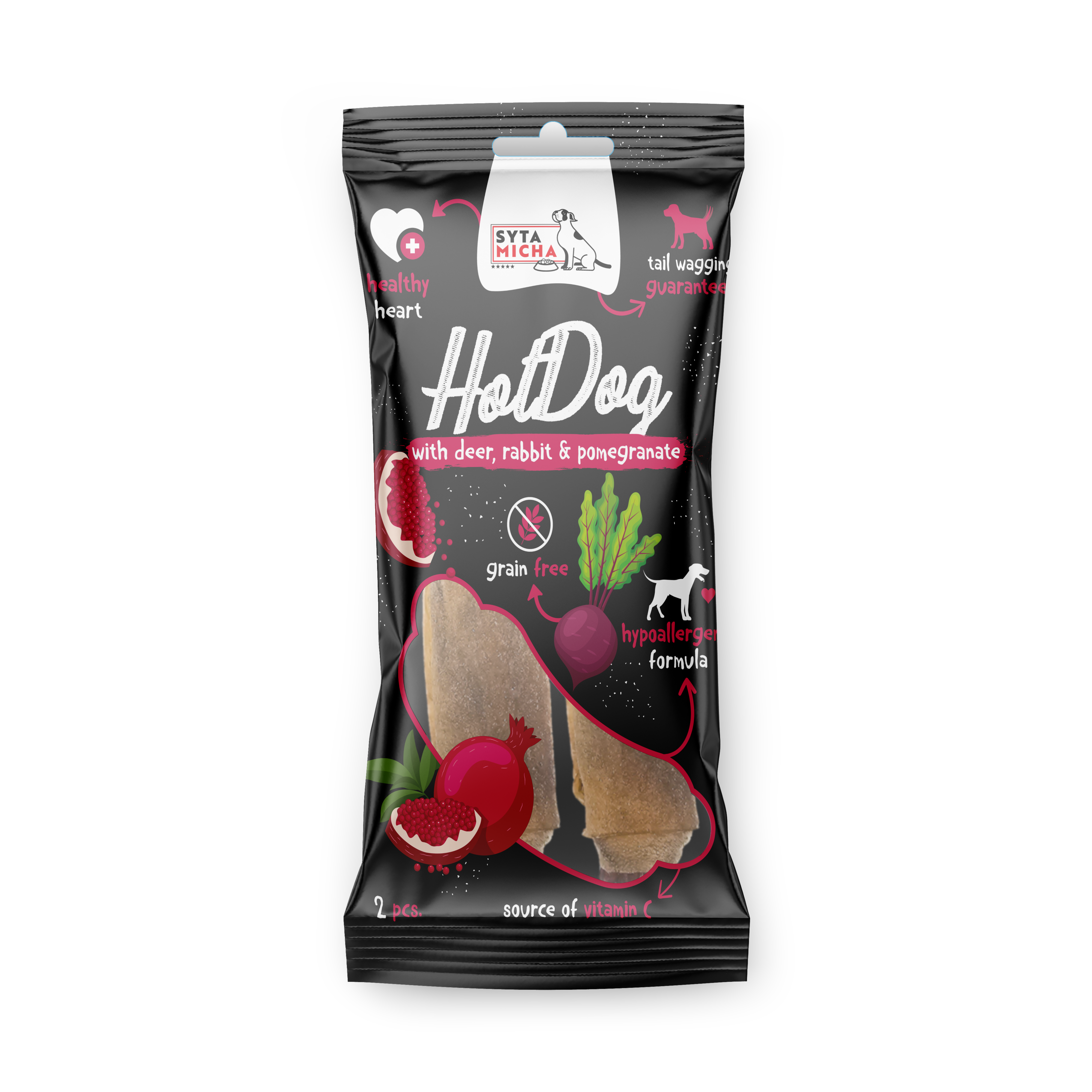 Hot Dog chew for dog - rabbit with pomegranate in deer skin 2 pcs.