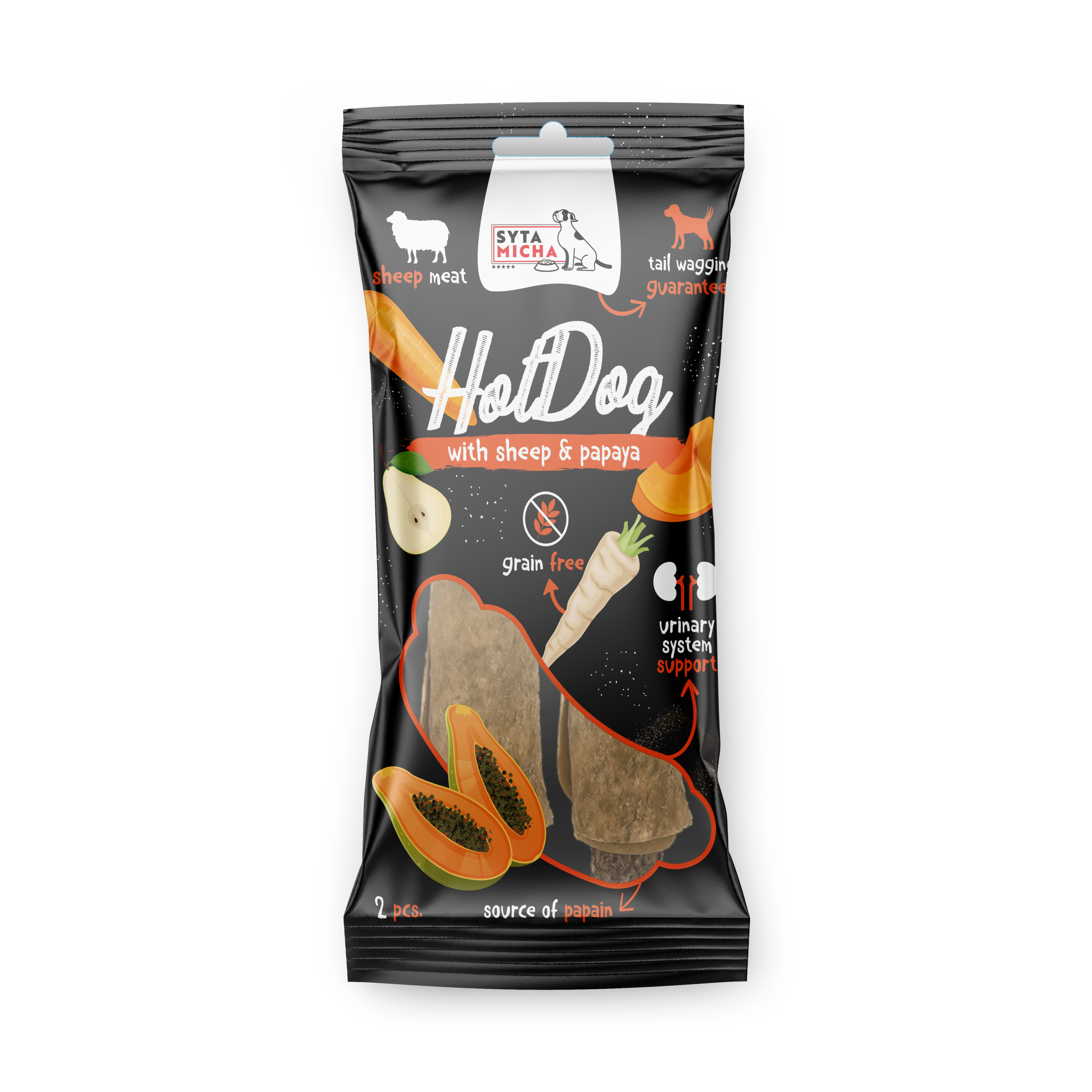 Hot Dog chew for dog - vegetable with papaya in sheep skin 2 pcs.