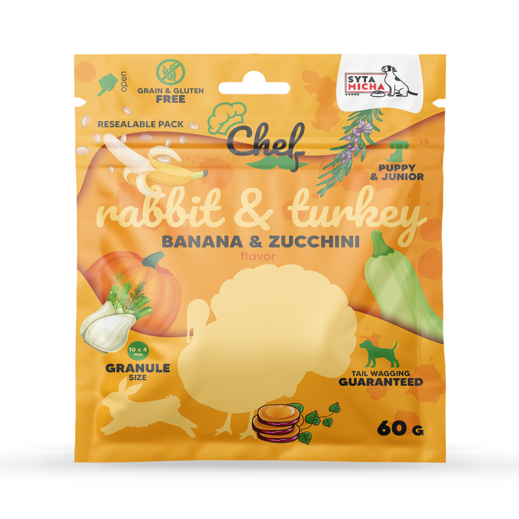 ÉCHANTILLON Croquettes sèches pour chiots Lapin et dinde, banane et courgette 60g