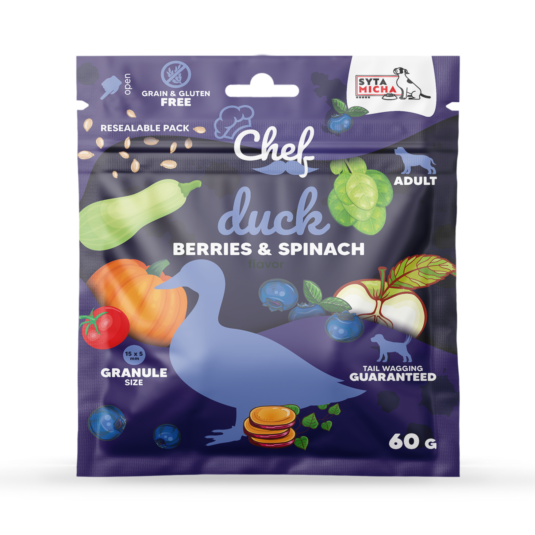 SAMPLE Dry dog food Duck, berries and spinach 60g