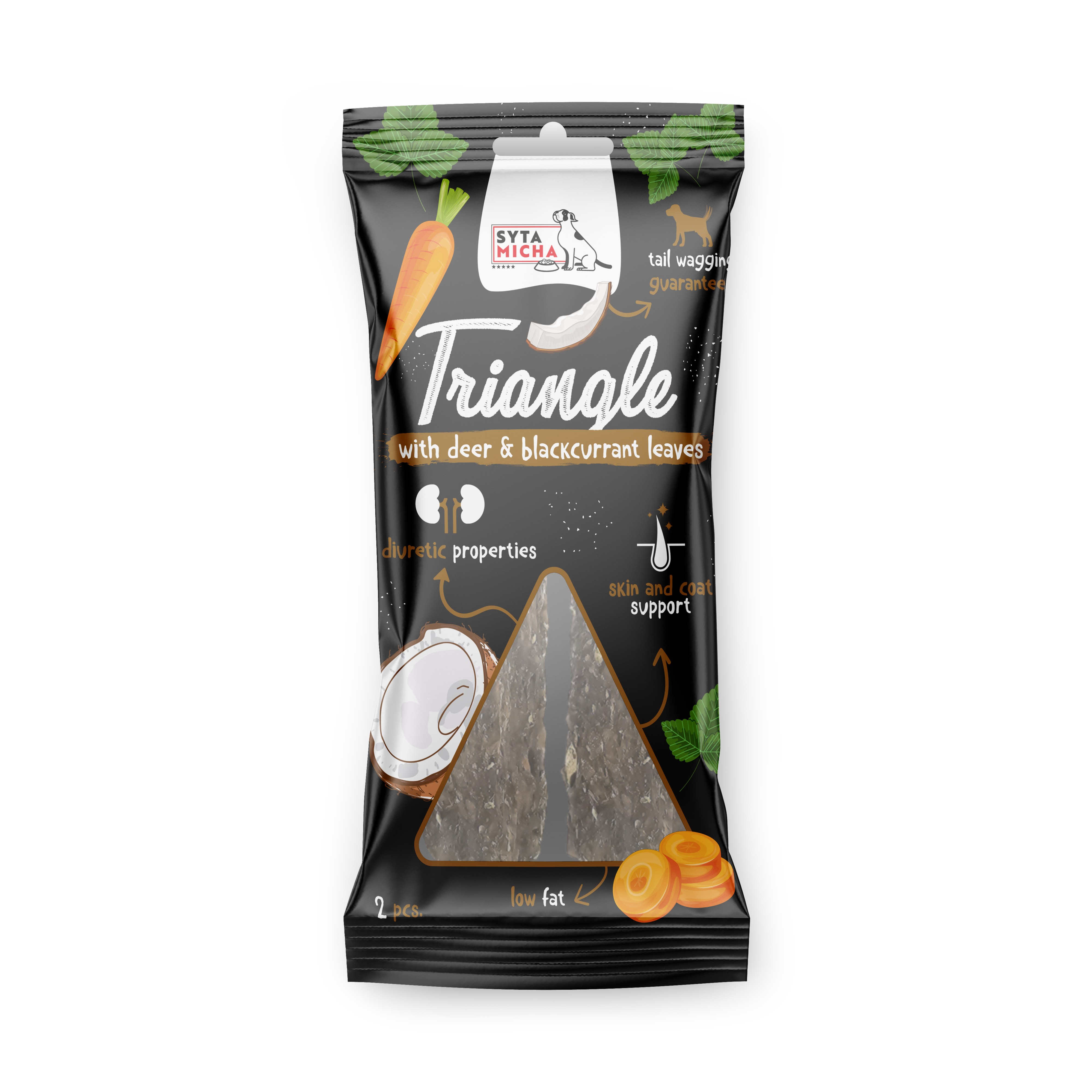 Dog chewing triangle - deer with coconut and black currant leaves 2 pcs.